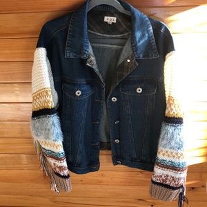 POL Denim Sweater Fringe Jacket